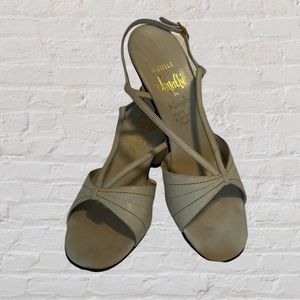 VINTAGE 70s Amalfi Leather Open Toe Strappy Heels Gray Beige Tan Stitching